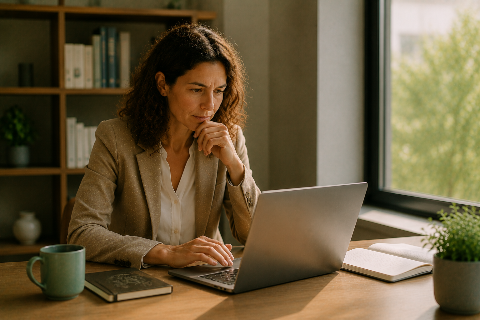 Femme réfléchissant devant son ordinateur, illustrant le discernement face à l'abondance d'informations