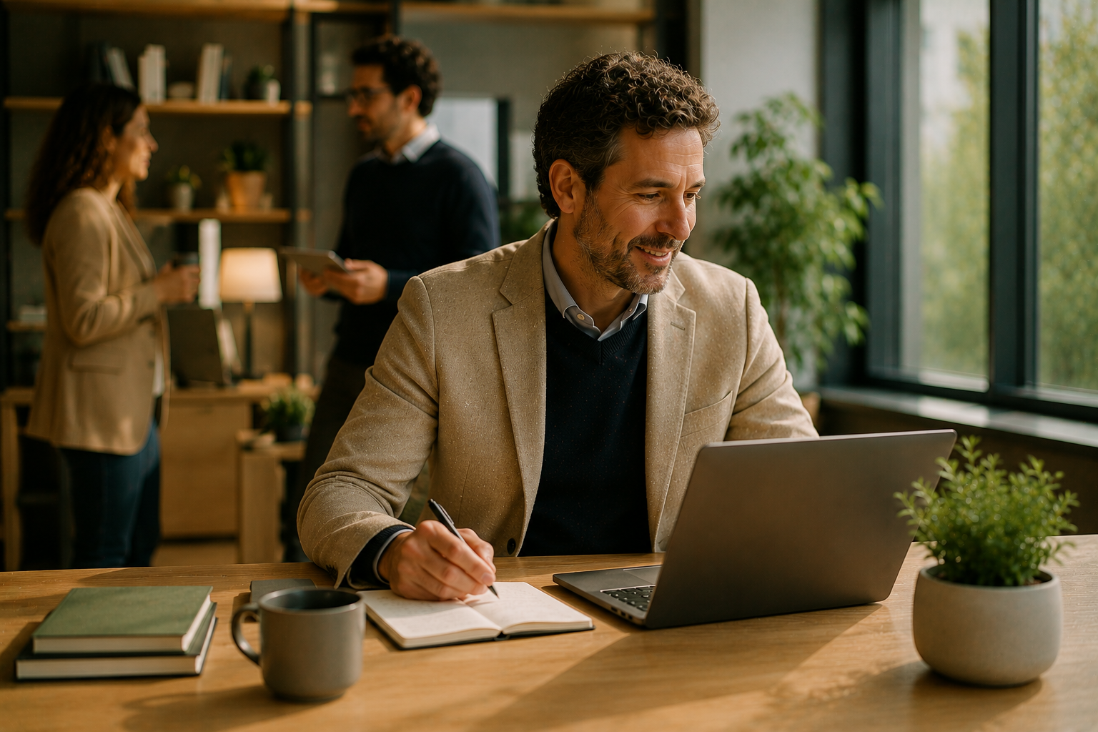 Manager travaillant avec un ordinateur portable dans un bureau moderne, symbolisant le management à l'ère de l'intelligence artificielle
