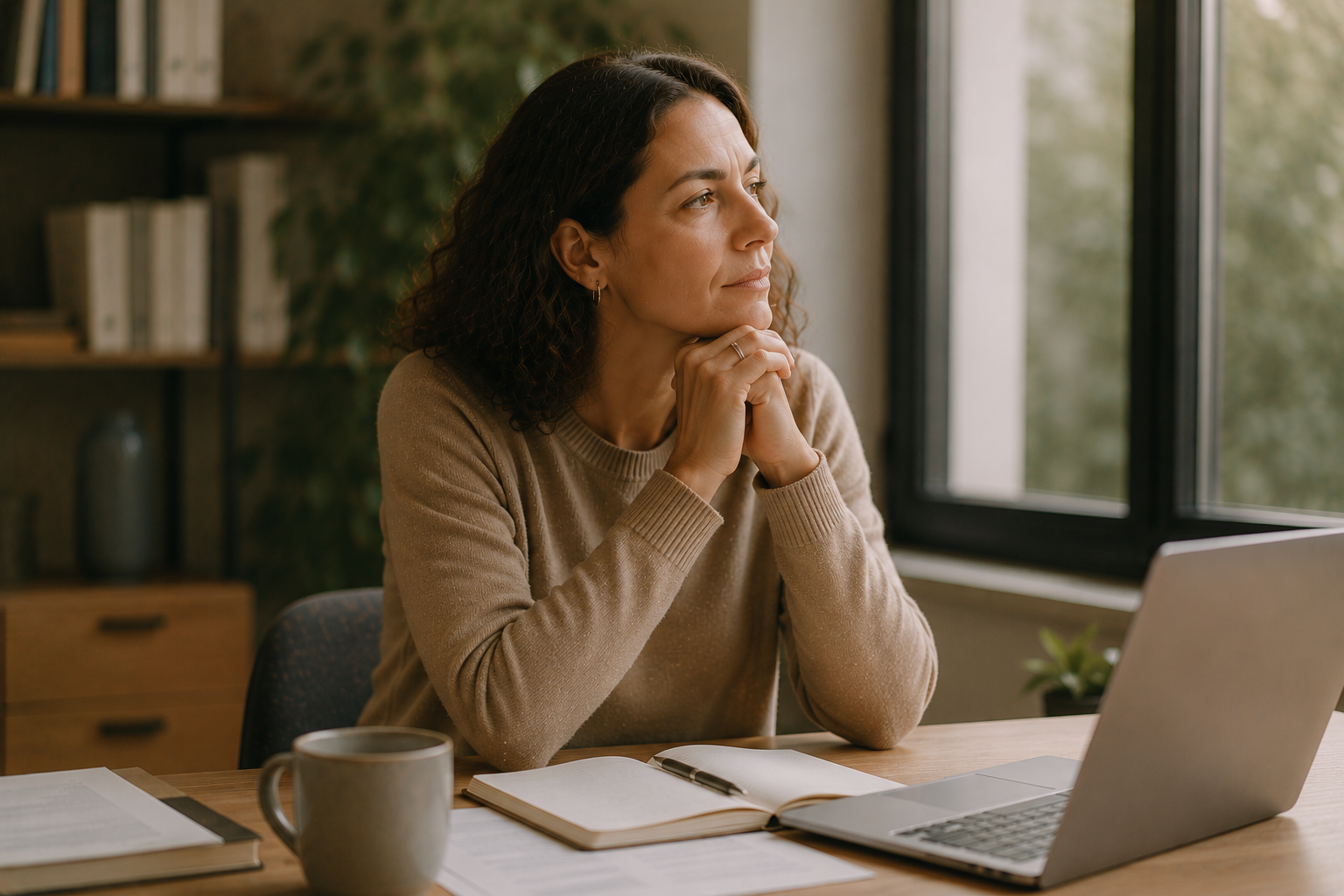 Professionnelle réfléchissant à son bureau, symbolisant les apprentissages humains irremplaçables face à l'intelligence artificielle