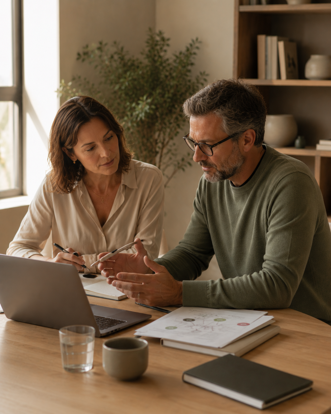 Manager et collaboratrice en échange devant un ordinateur, dans une atmosphère professionnelle, lumineuse et chaleureuse