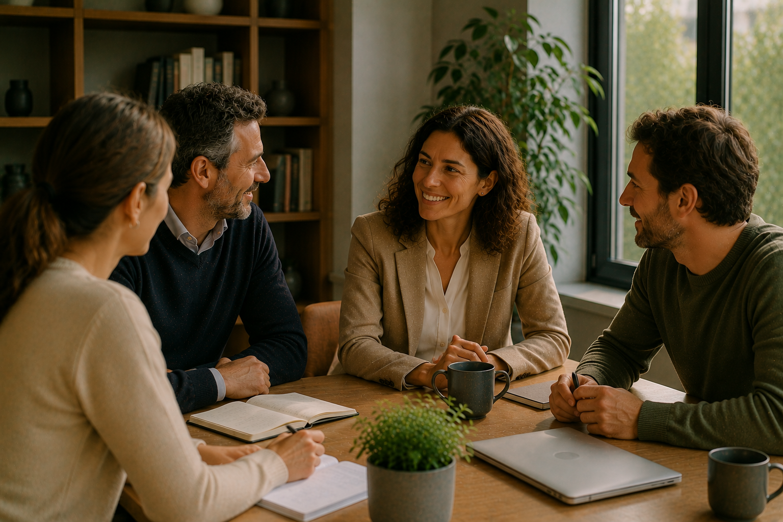Équipe de travail en discussion autour d'une table, symbolisant la confiance et la communication managériale
