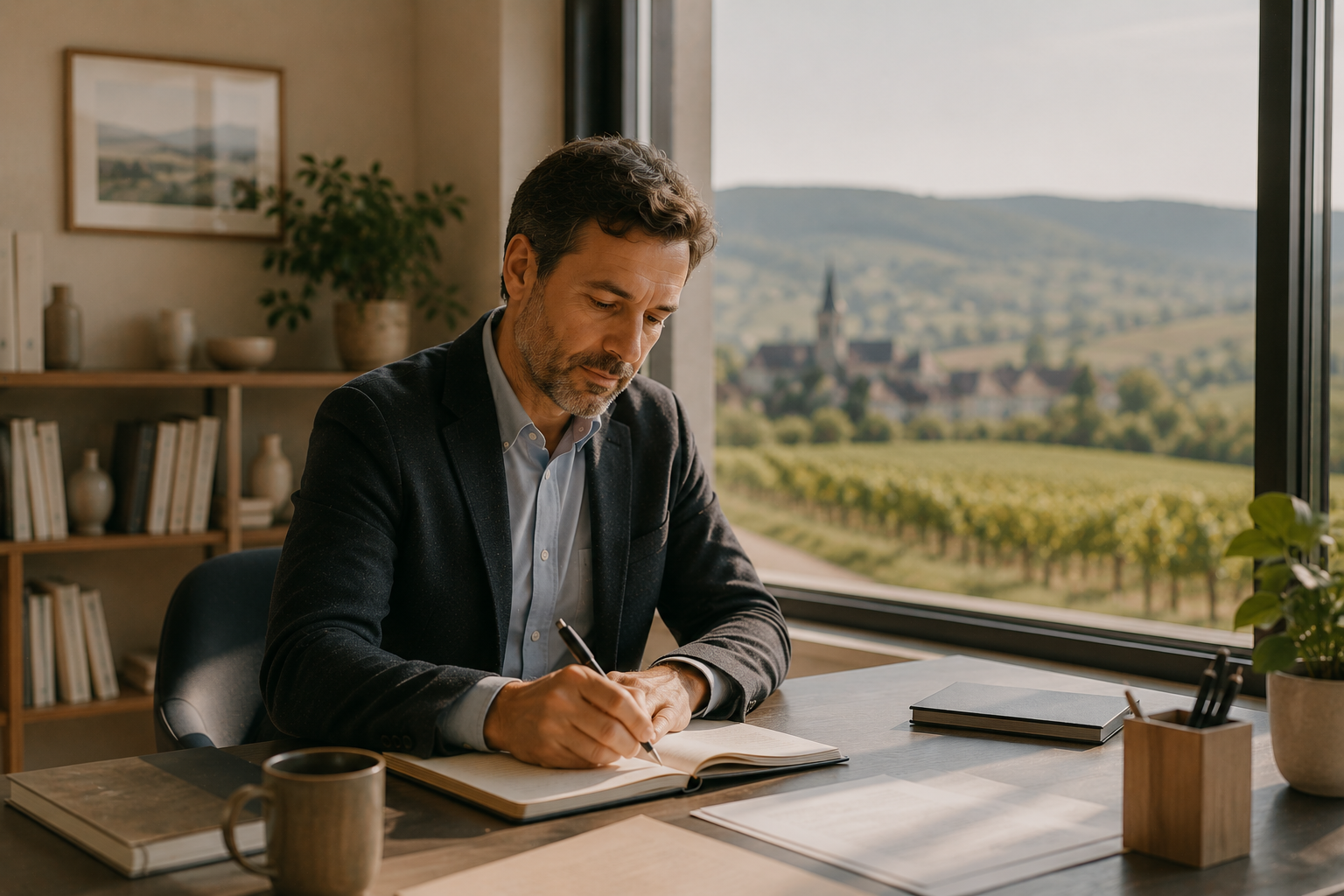 Un manager réfléchit dans son bureau avec vue sur les vignes et collines de Bourgogne, illustrant l'importance du développement des compétences dans la région.