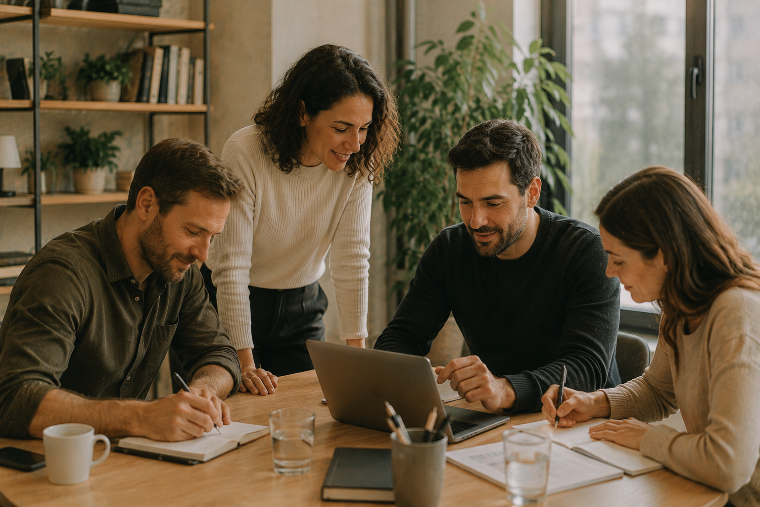 Équipe de travail collaborant autour d'un ordinateur, illustrant les compétences humaines du management à l'ère de l'IA