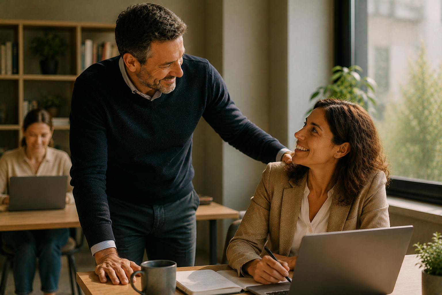 Un manager et une collaboratrice échangent dans un bureau lumineux, illustrant la relation de confiance et l'autonomie au travail.