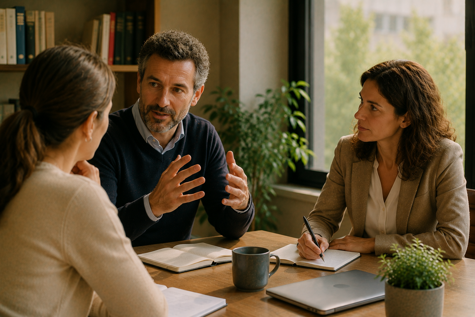 Trois professionnels en discussion autour d'une table, illustrant l'importance de la communication bienveillante et assertive au travail.
