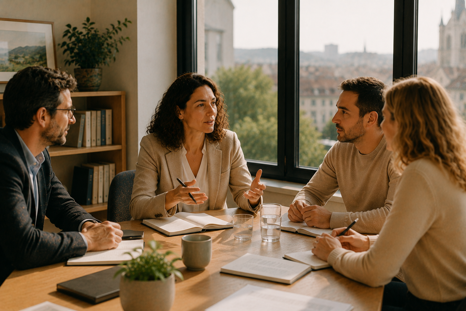 Équipe de professionnels en réunion autour d'une table, échangeant sur l'organisation du travail et la qualité de vie au travail