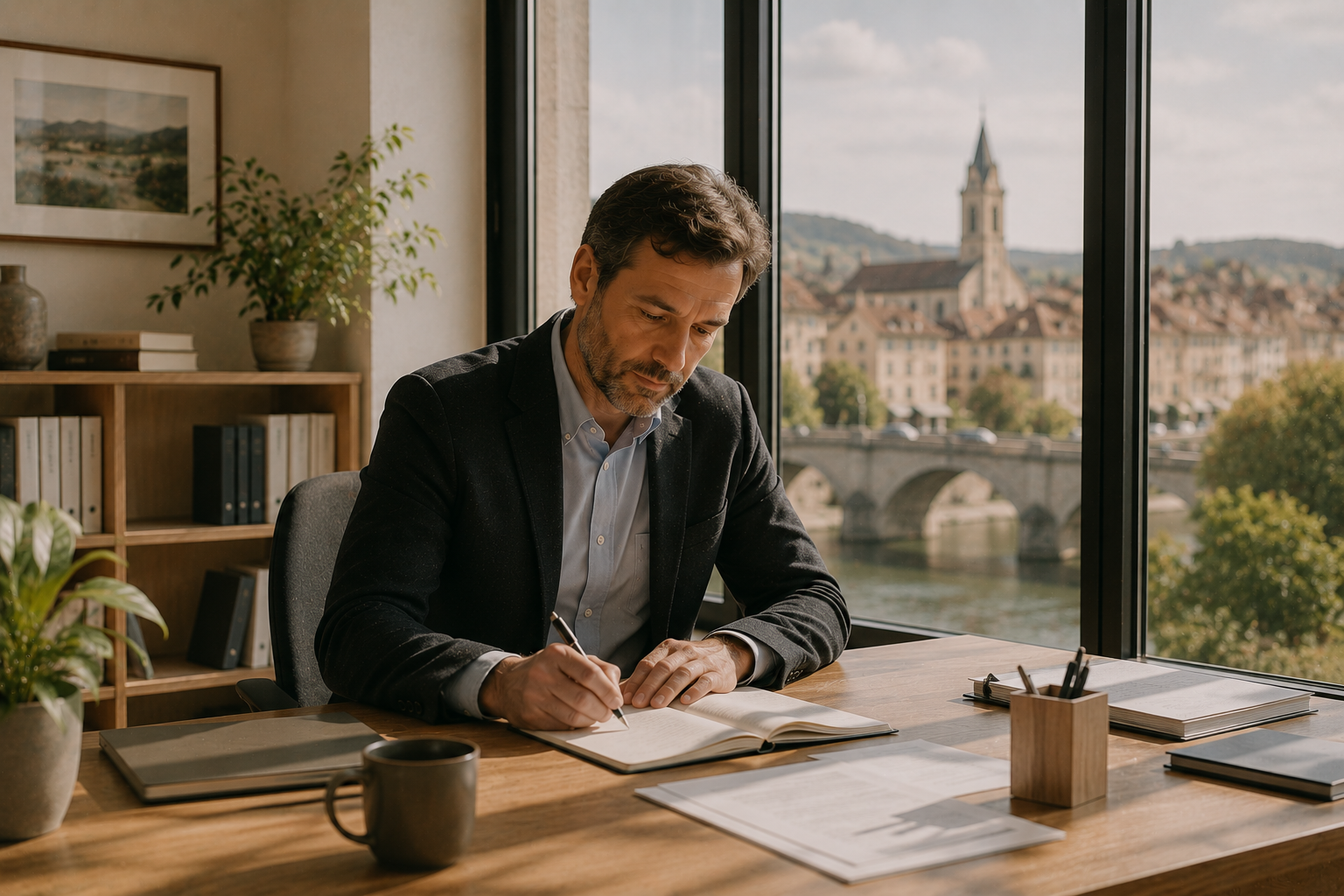 Un manager réfléchit dans son bureau avec vue sur la ville de Mâcon et le pont Saint-Laurent, illustrant l'ancrage territorial du management en Bourgogne-Franche-Comté.
