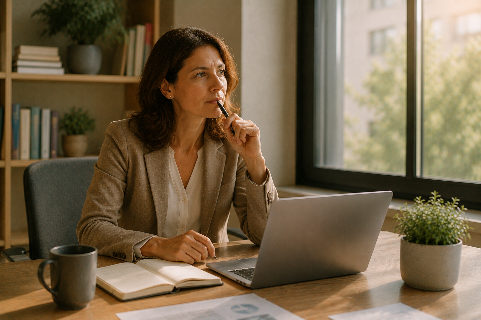Professionnelle réfléchissant face à son écran, symbolisant la réflexion sur le sens du travail et la contribution humaine