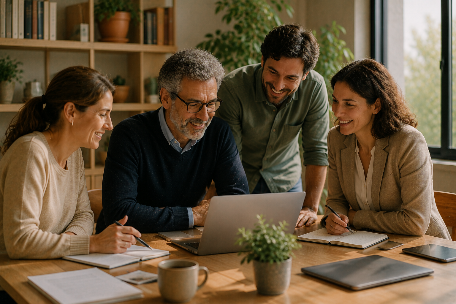 Un manager échange avec ses collaborateurs autour d'un ordinateur dans un bureau lumineux, illustrant une communication managériale assertive et bienveillante.