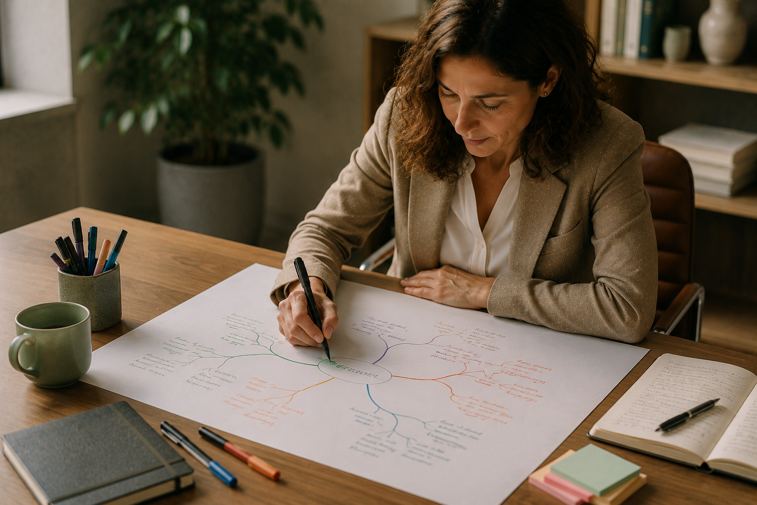 Professionnelle réalisant une carte mentale sur une grande feuille, symbolisant l'organisation des idées et l'apprentissage