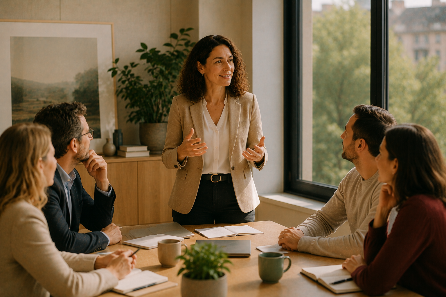 Une professionnelle s'exprime avec assurance devant ses collaborateurs, illustrant l'importance de l'estime de soi dans le leadership au travail.