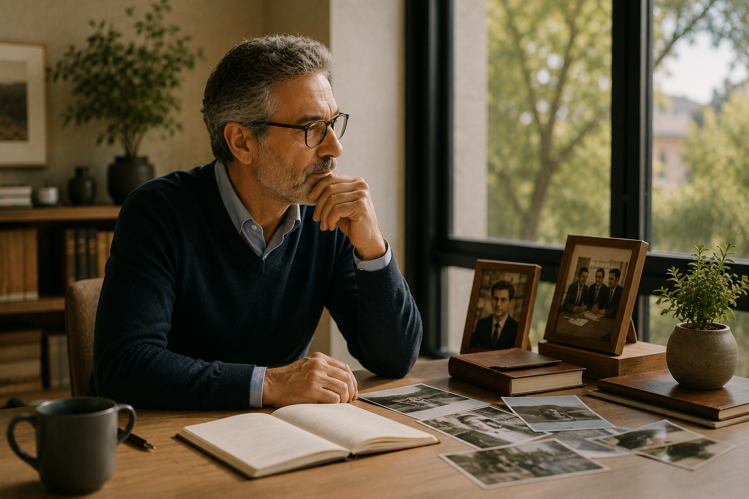 Homme réfléchissant à son bureau, entouré de photos et d'un carnet ouvert, symbolisant la préparation intérieure à la retraite