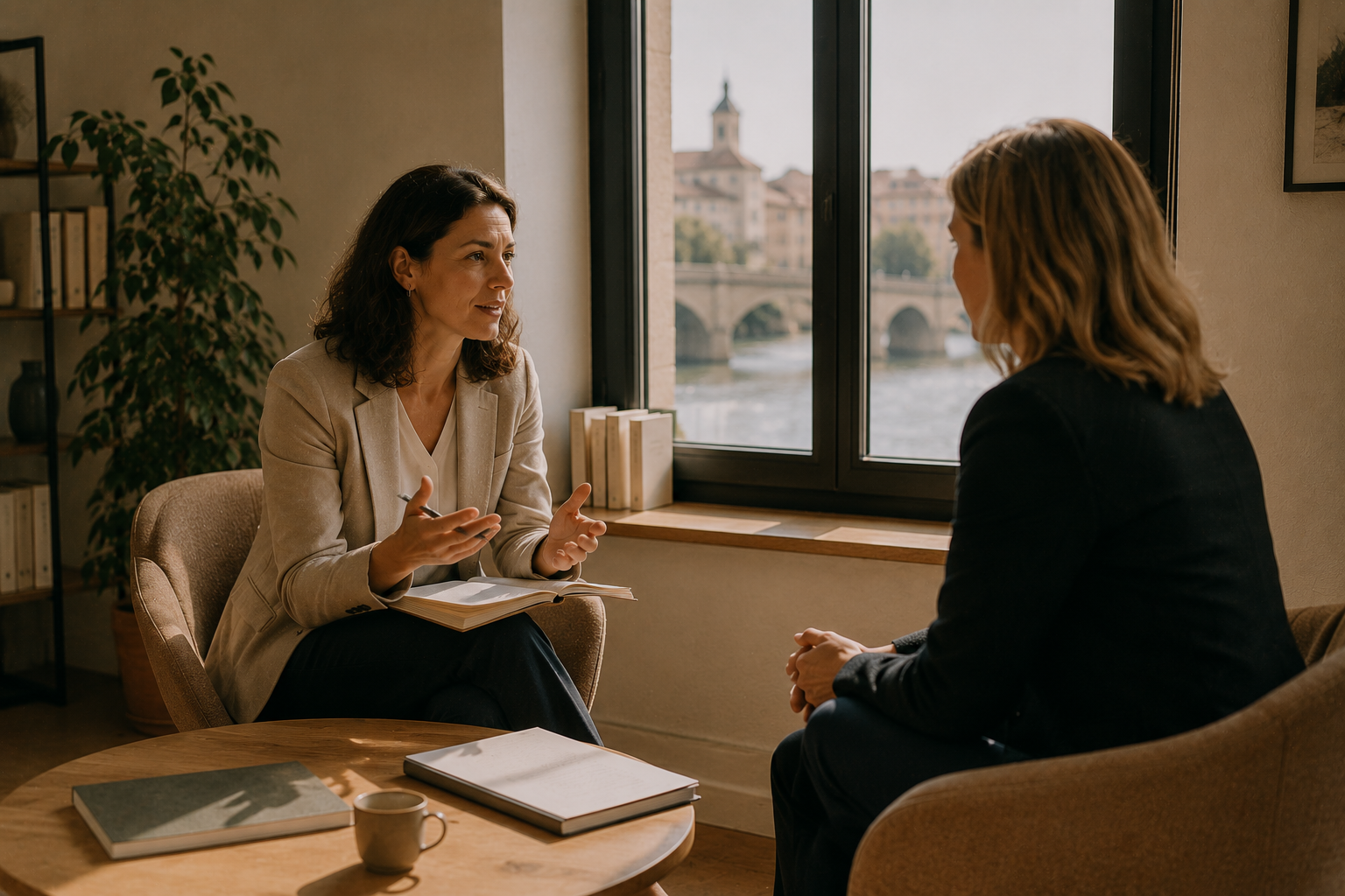 Une consultante échange avec une dirigeante dans un bureau lumineux donnant sur le pont Saint-Laurent à Mâcon, illustrant un accompagnement managérial ancré dans le territoire.