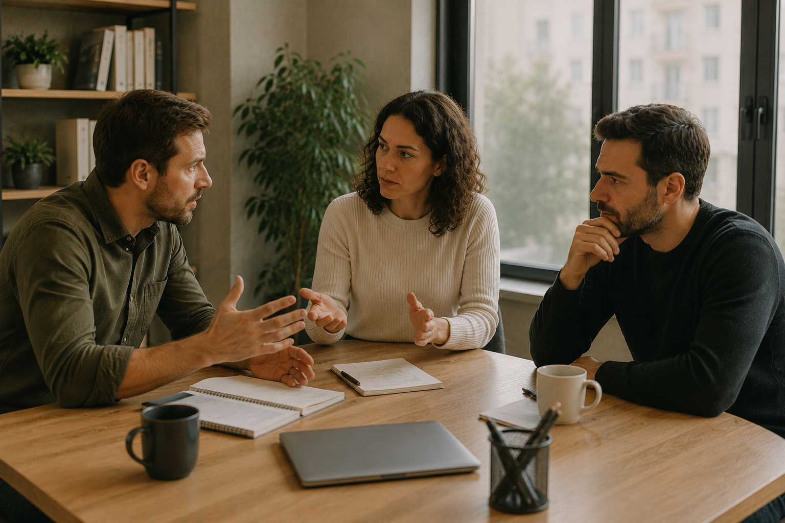 Manager en discussion tendue avec des collaborateurs, illustrant la difficulté des conversations difficiles