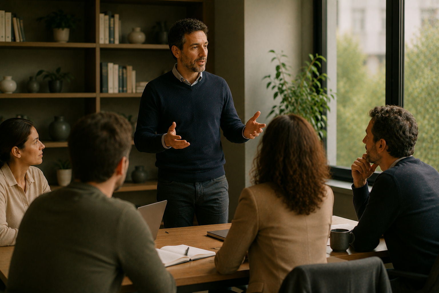 Professionnel s'exprimant avec assurance dans une réunion, illustrant la posture de prendre sa place au travail