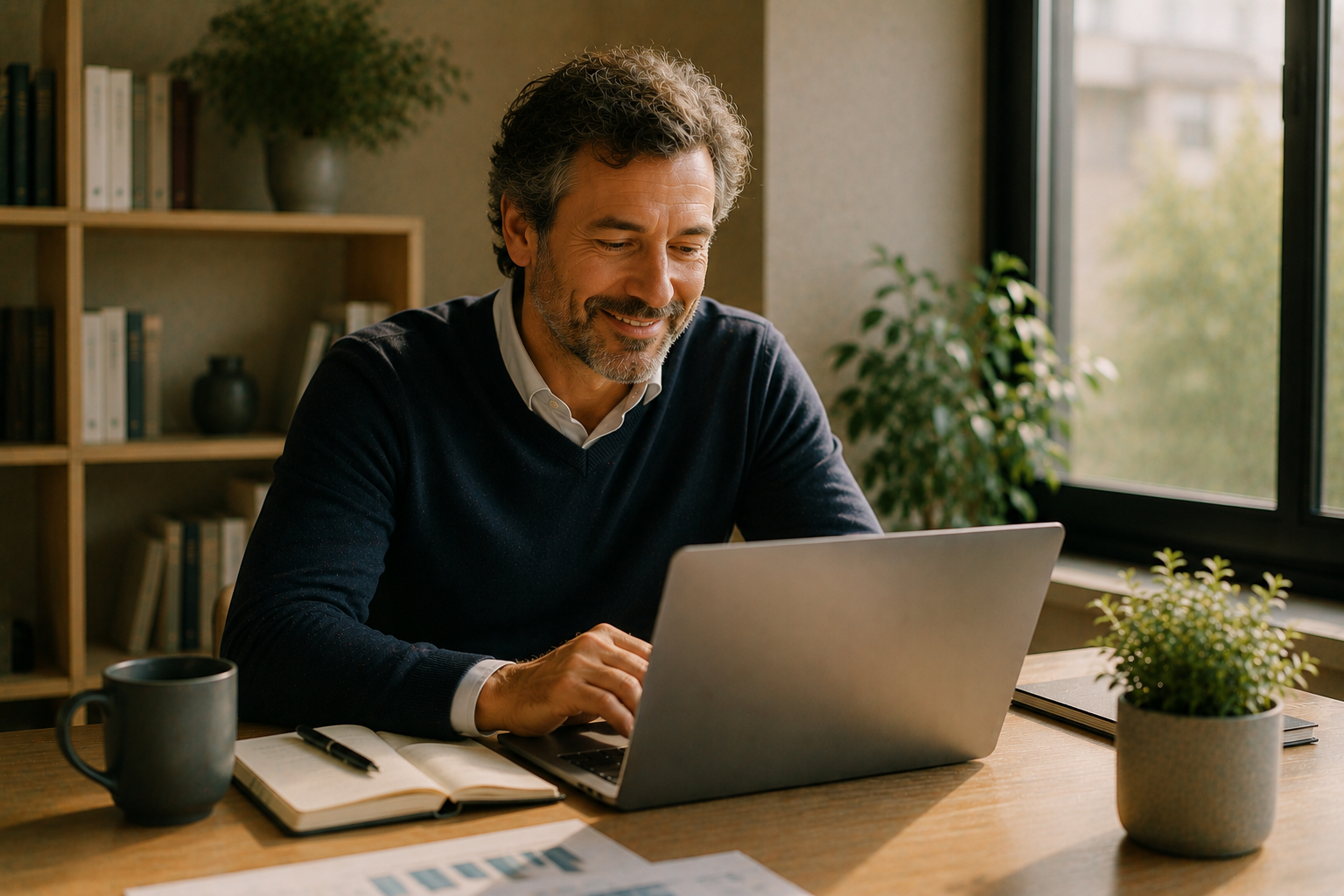 Manager réfléchissant devant son ordinateur, interrogation sur le futur du management avec l'intelligence artificielle