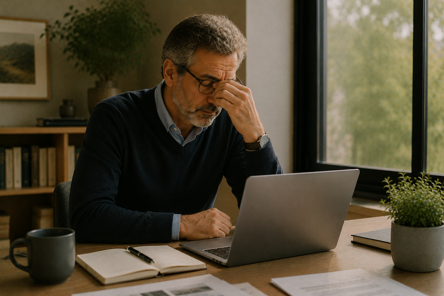 Professionnel fatigué devant son ordinateur, illustrant la surcharge informationnelle au travail