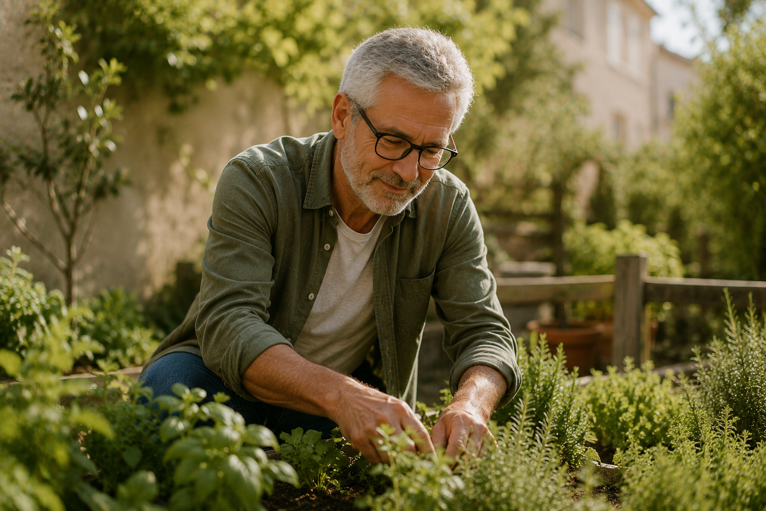 Homme senior s'occupant de son potager, symbolisant le renouveau et la redéfinition identitaire à la retraite