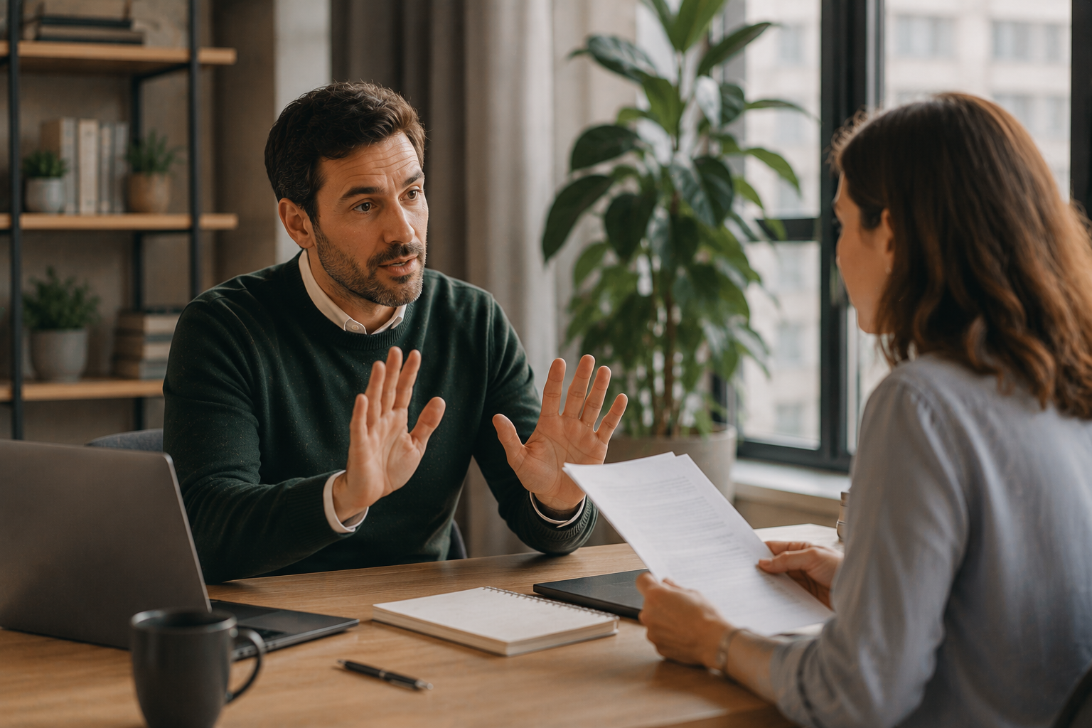 Manager en discussion posée avec un collaborateur, illustrant la posture managériale et l'affirmation de soi