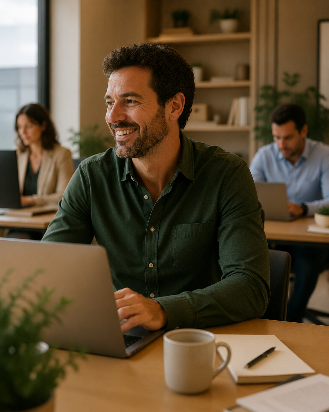 Bien-être au travail et résilience — collaborateurs dans un environnement professionnel serein, soutien mutuel et climat de confiance