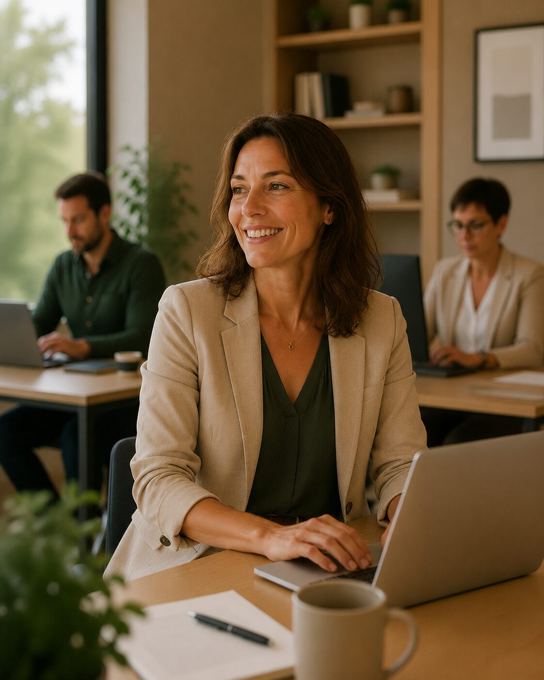Professionnelle souriante rédigeant un email sur son ordinateur portable