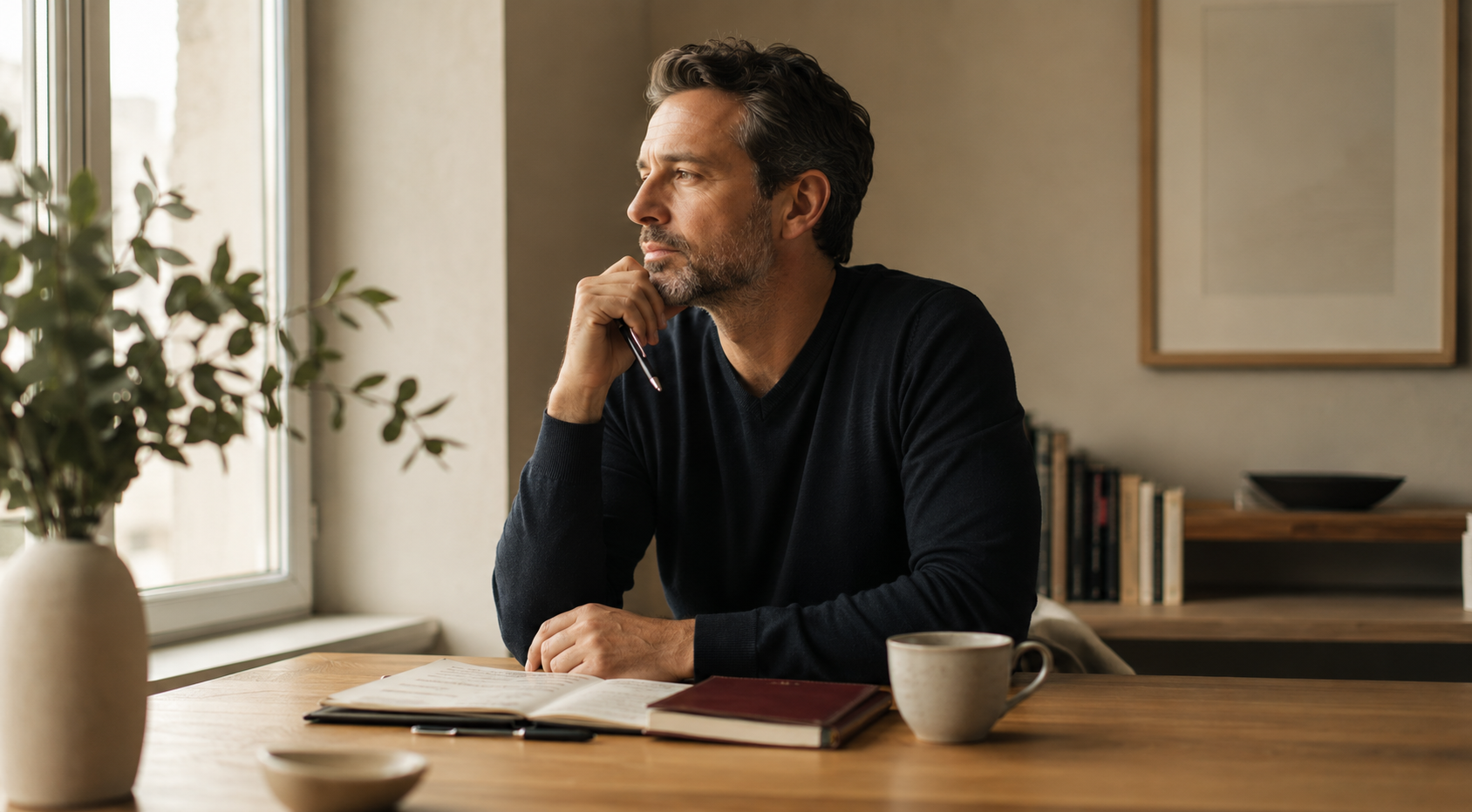 Espace de réflexion intellectuel avec carnet, livres et lumière naturelle